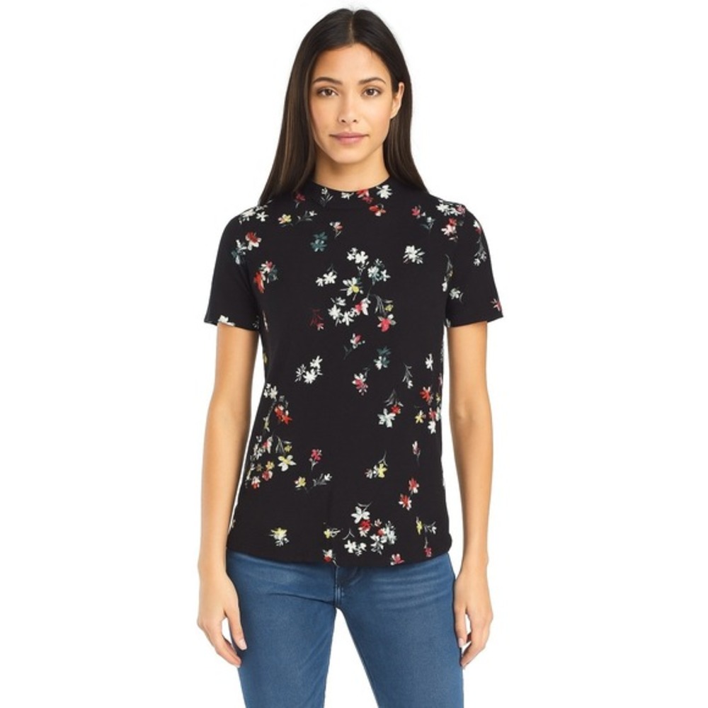 Ann Taylor Black Floral Mock Neck Short Sleeve Knit Top S Preppy Academia 88-37